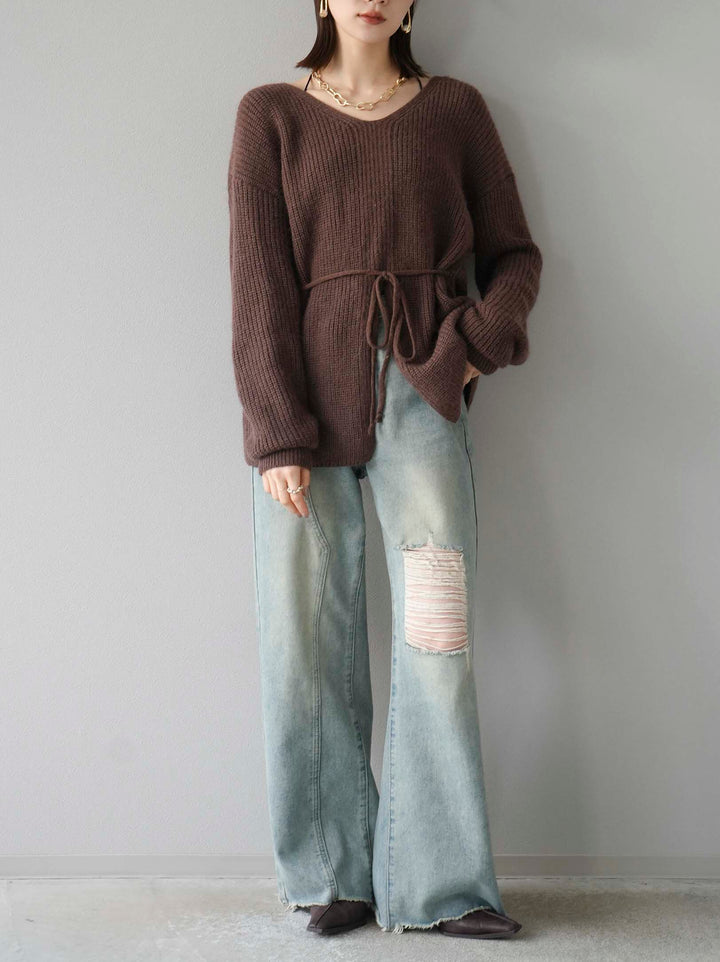 [予約]フロントスリットVネックニットプルオーバー/ブラウン