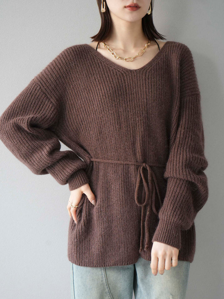 [予約]フロントスリットVネックニットプルオーバー/ブラウン