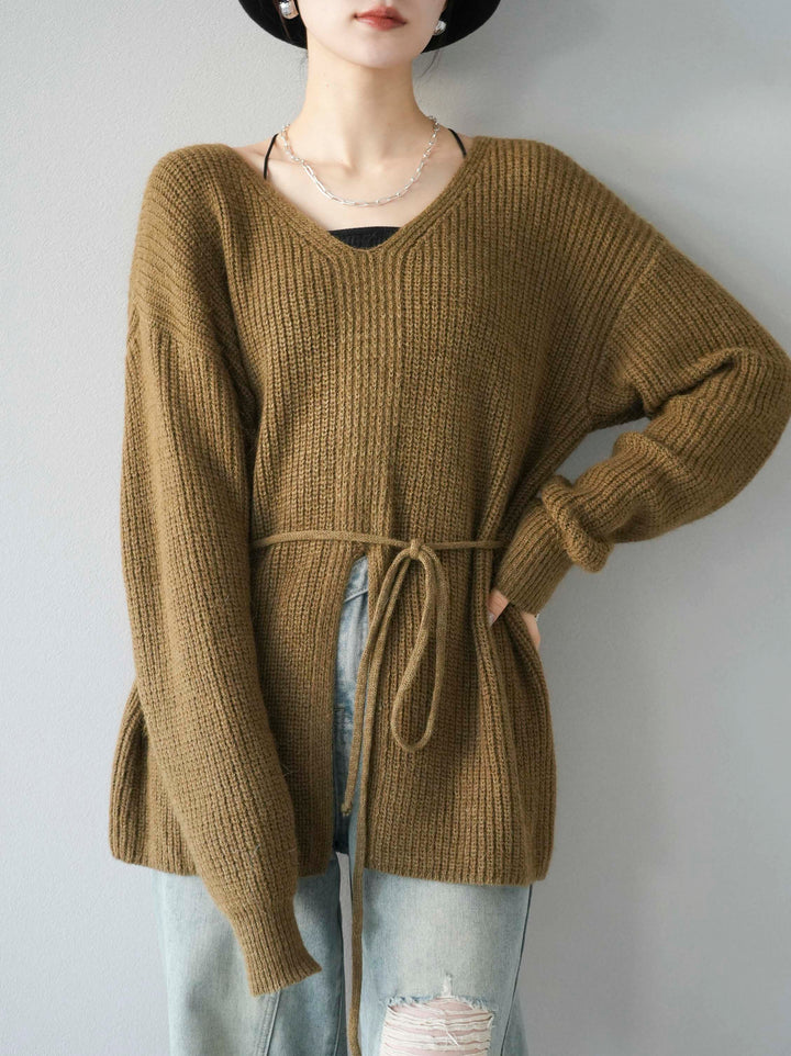 [予約]フロントスリットVネックニットプルオーバー/カーキ