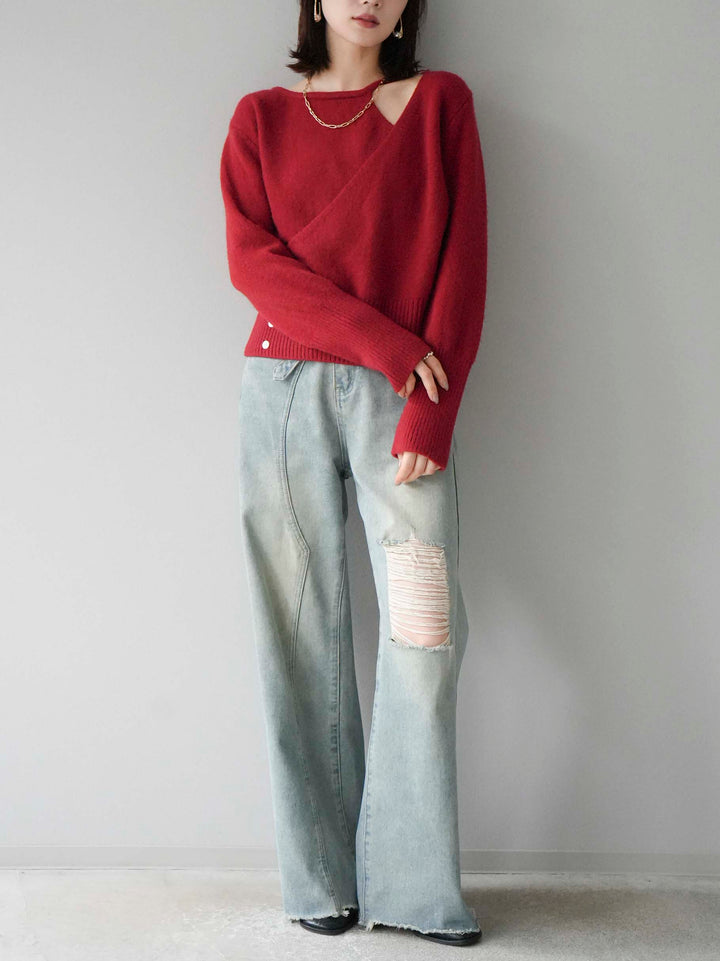 [予約]カシュクールデザインネックニットプルオーバー/レッド