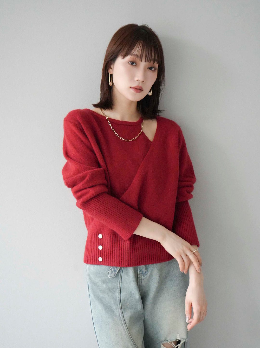 [予約]カシュクールデザインネックニットプルオーバー/レッド