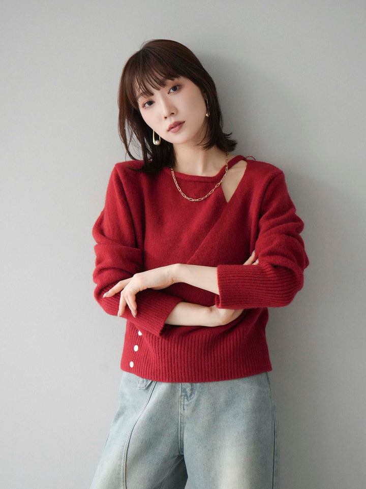 [予約]カシュクールデザインネックニットプルオーバー/レッド