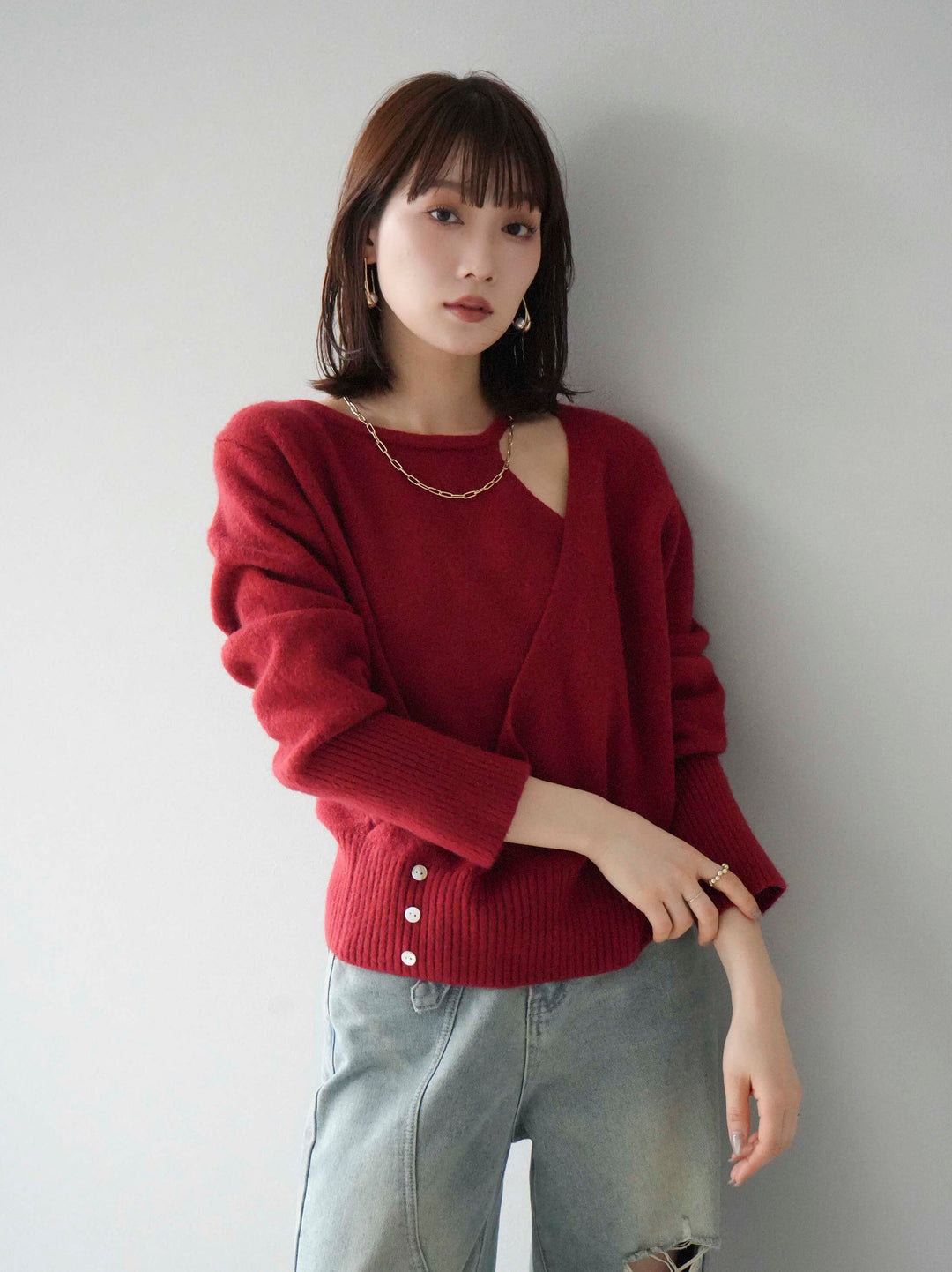 [予約]カシュクールデザインネックニットプルオーバー/レッド