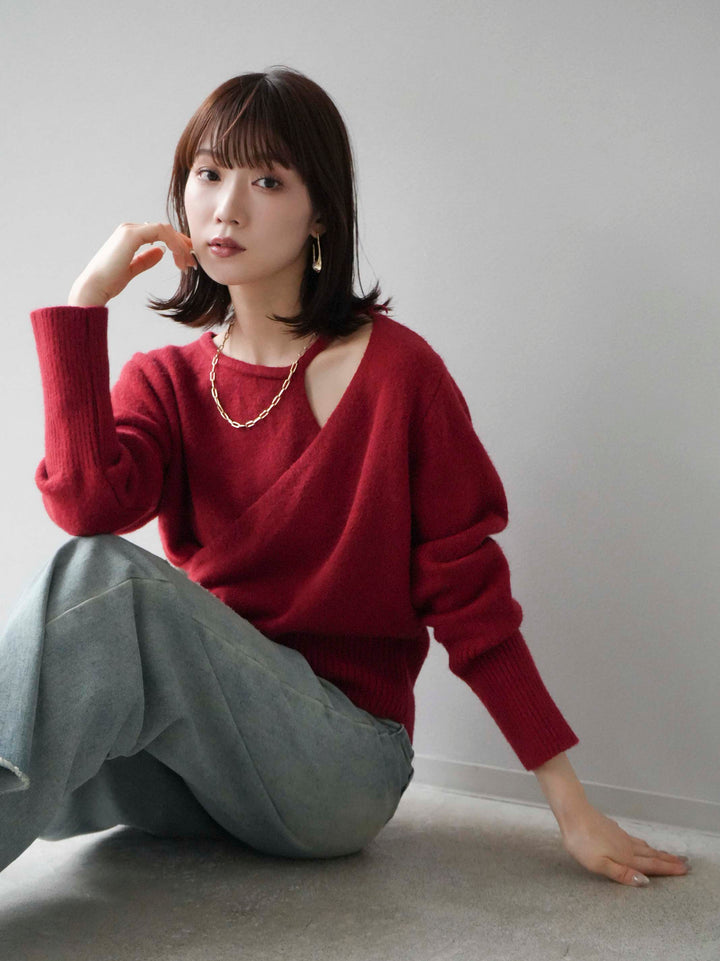 [予約]カシュクールデザインネックニットプルオーバー/レッド