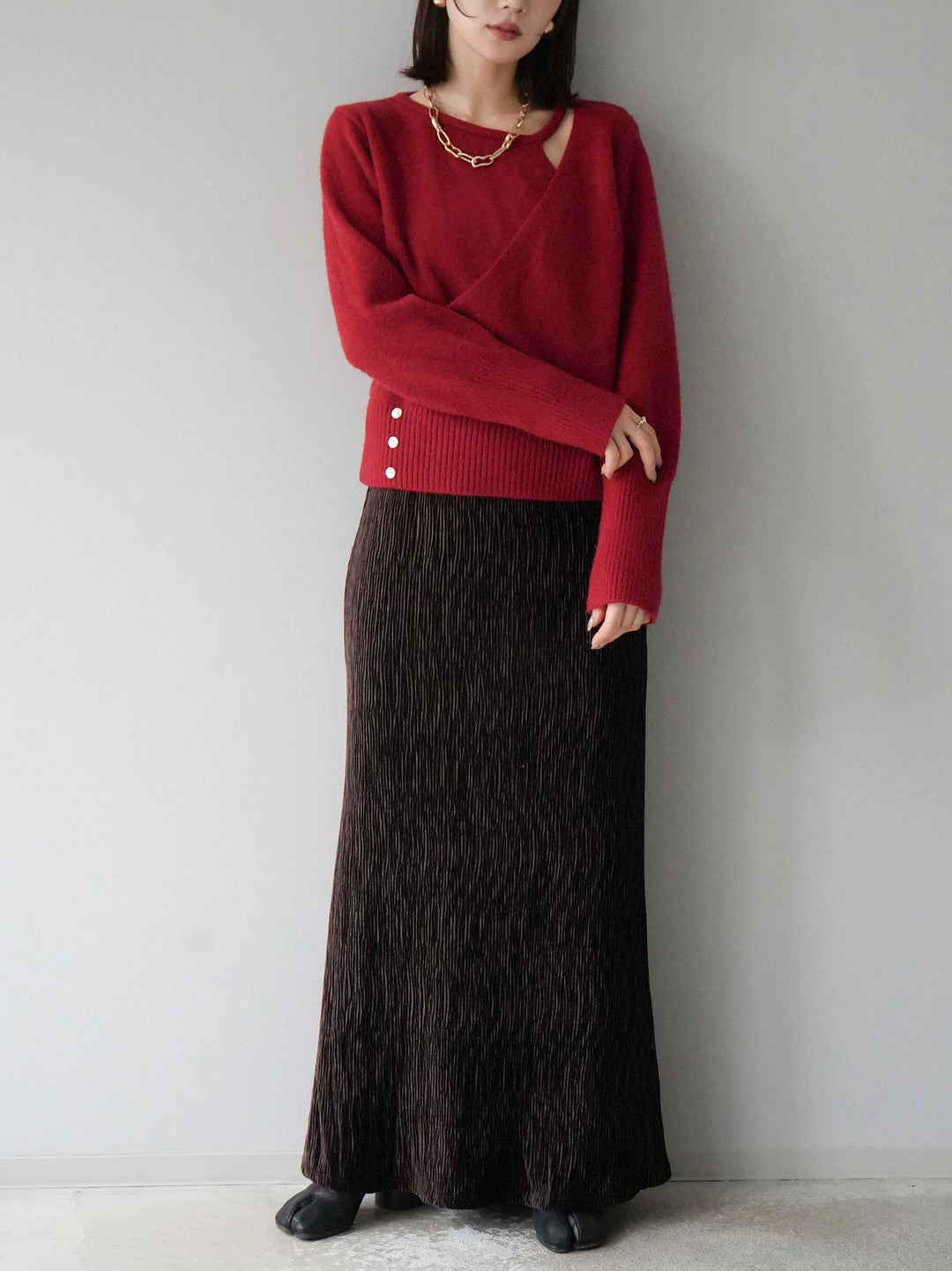 [予約]カシュクールデザインネックニットプルオーバー/レッド