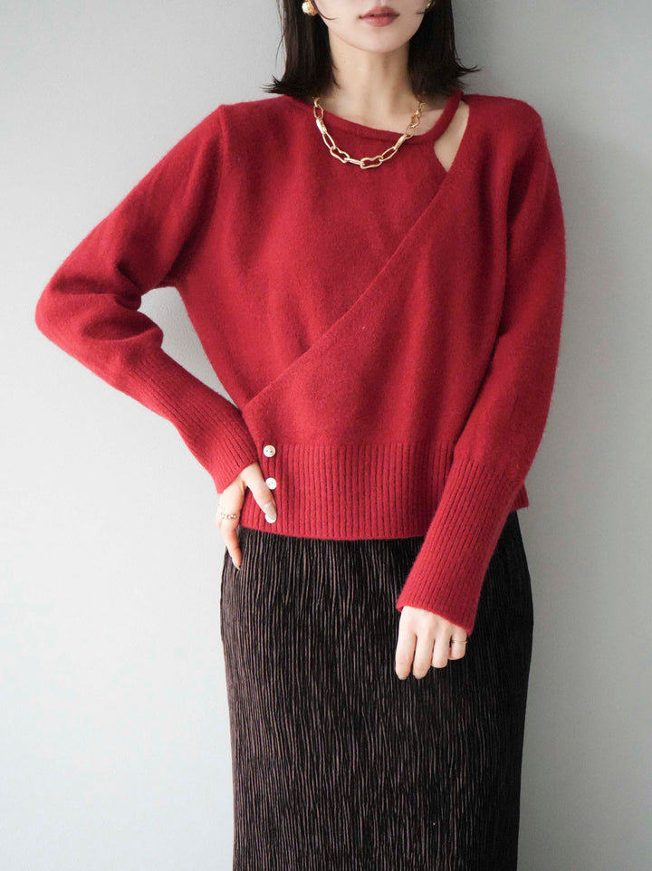 [予約]カシュクールデザインネックニットプルオーバー/レッド