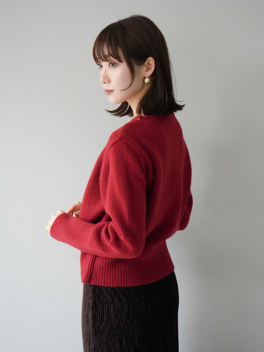 [予約]カシュクールデザインネックニットプルオーバー/レッド