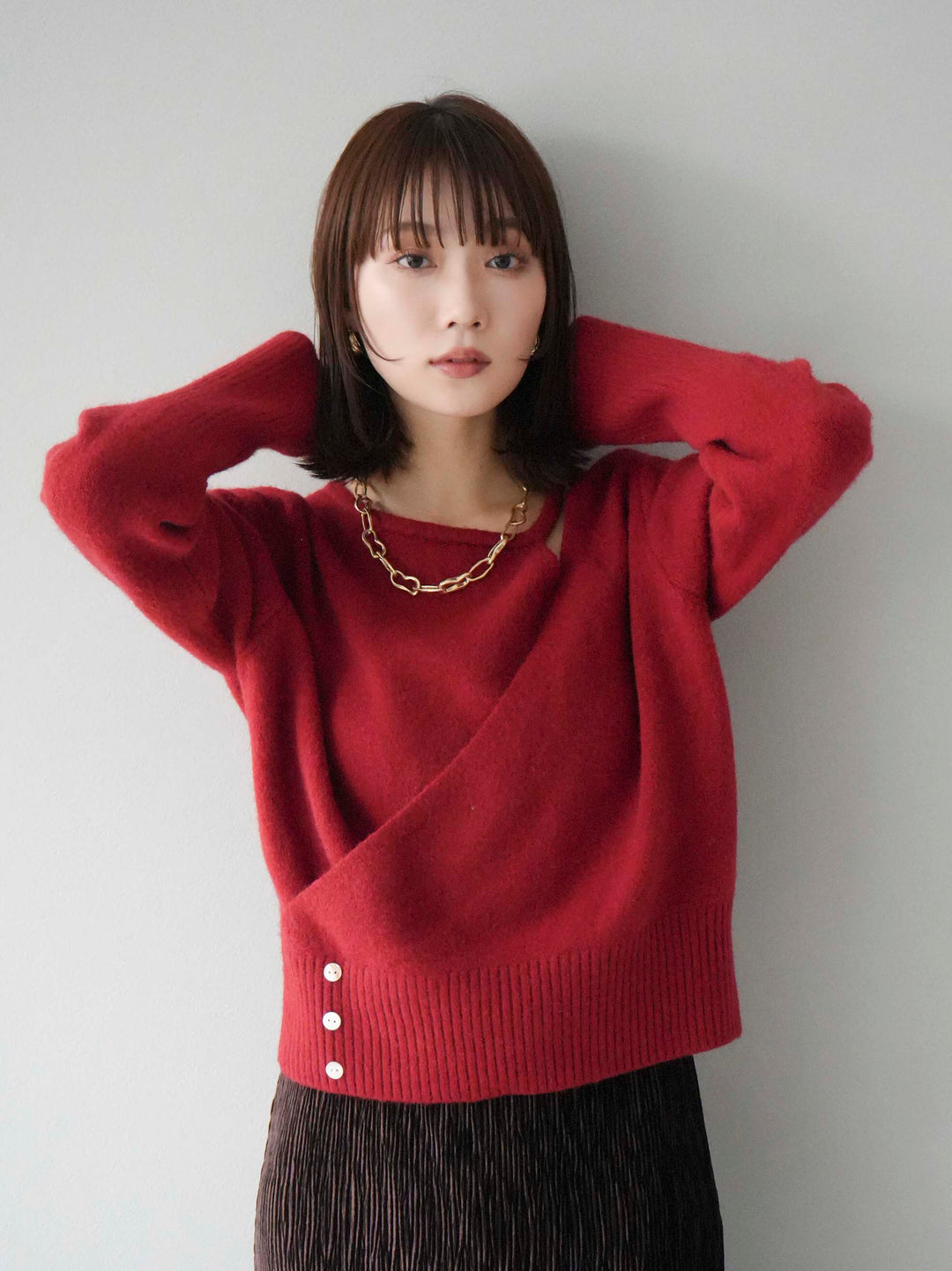 [予約]カシュクールデザインネックニットプルオーバー/レッド