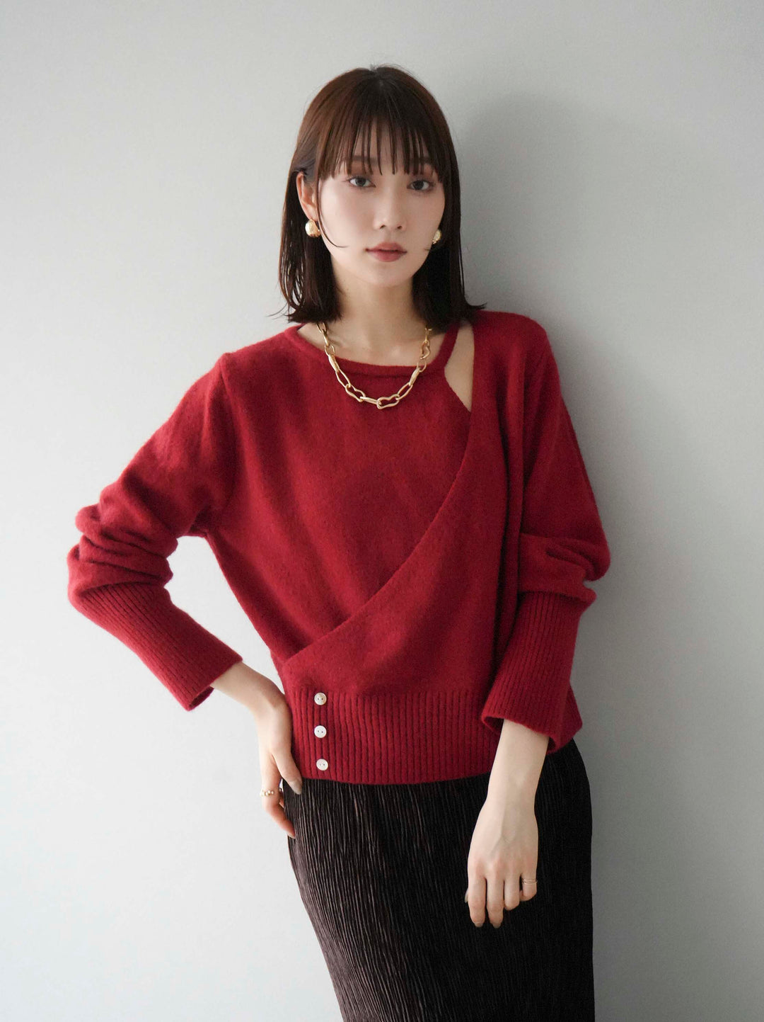 [予約]カシュクールデザインネックニットプルオーバー/レッド