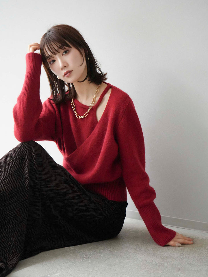 [予約]カシュクールデザインネックニットプルオーバー/レッド