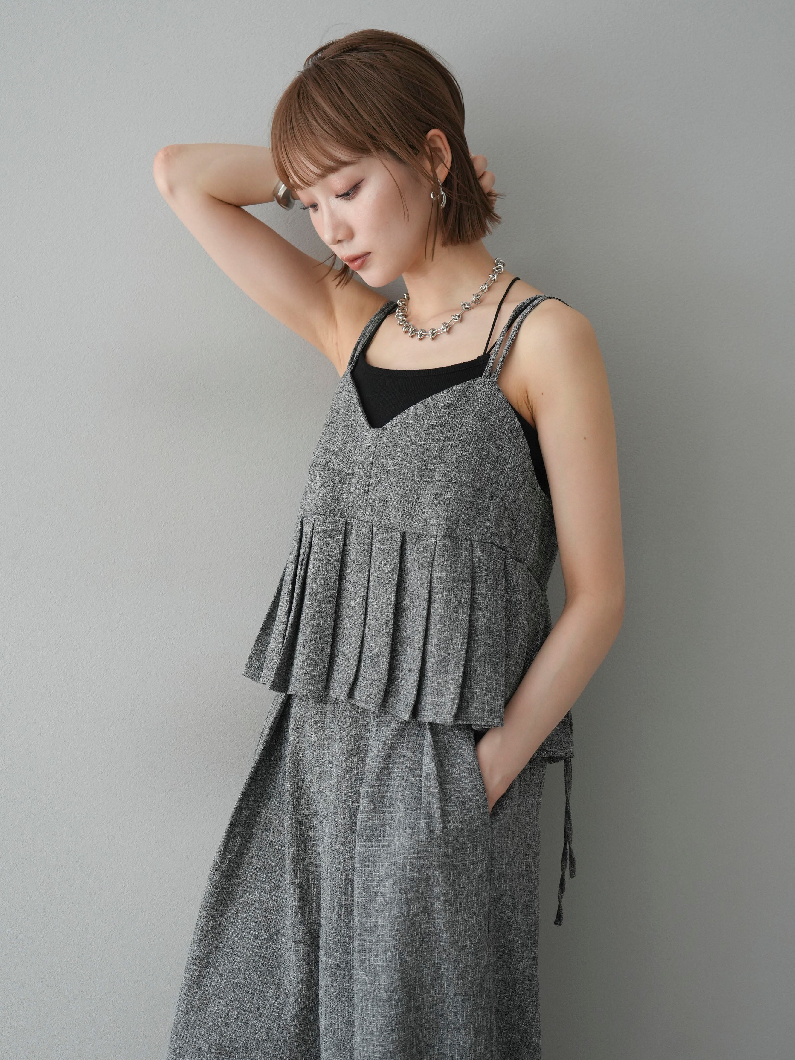 SET]サマーツイードプリーツキャミソール+サマーツイードワイドパンツ