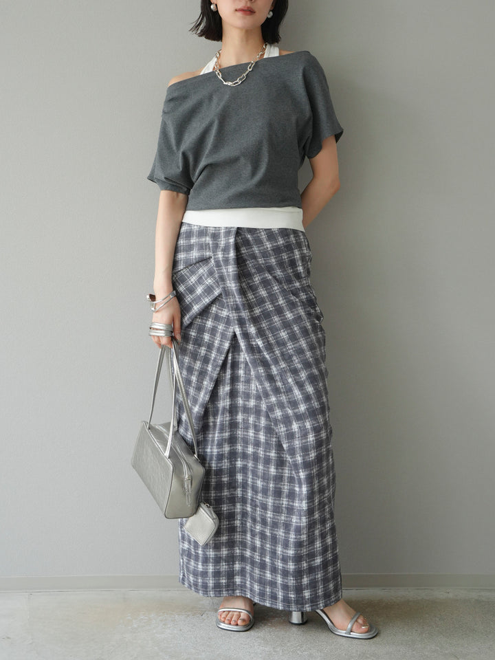 [予約]チェックプリントタックIラインスカート/グレー