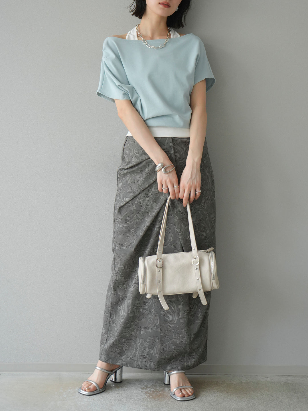 [予約]ペイズリープリントタックIラインスカート/グレー