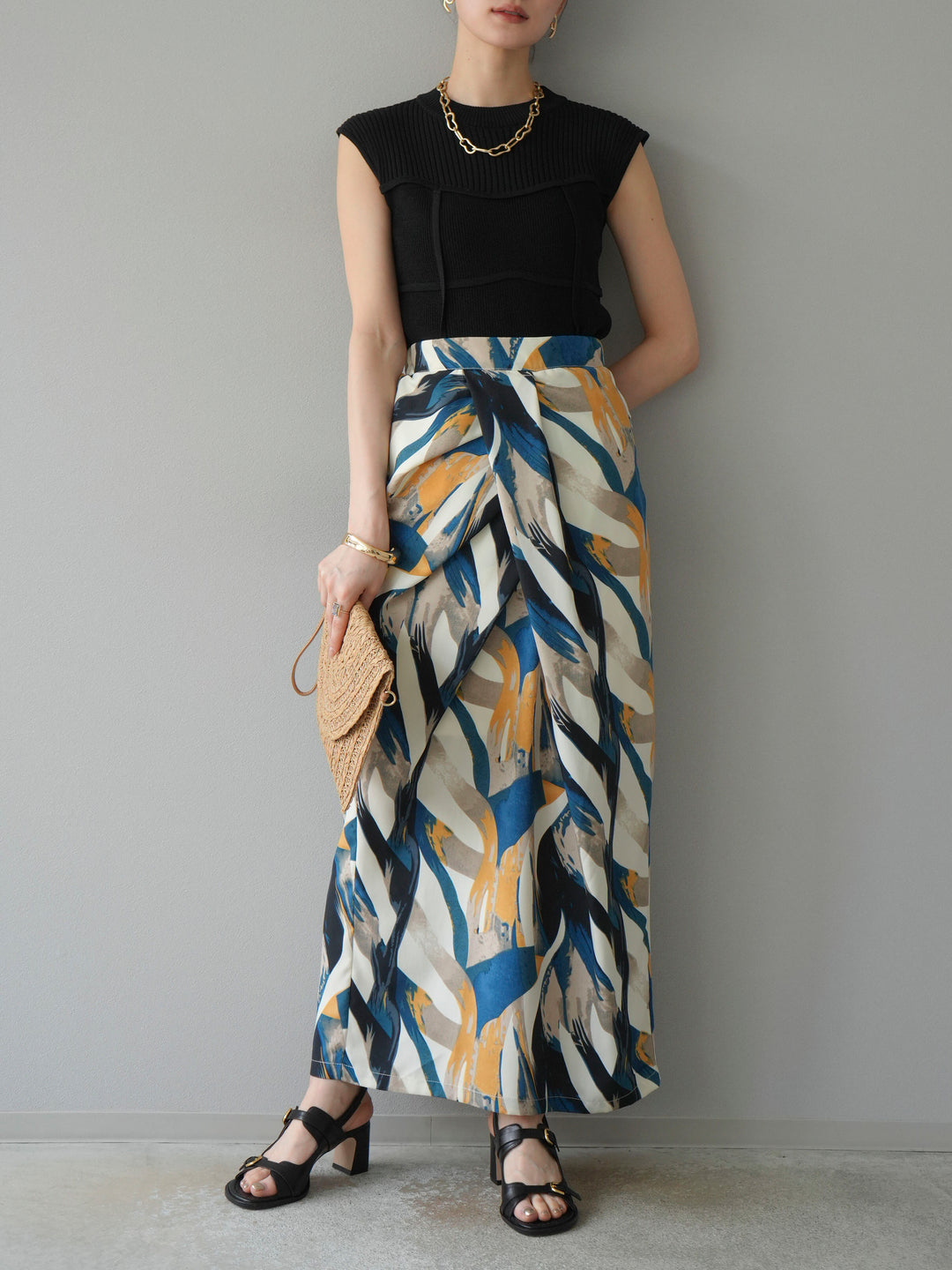 [預購] 度假風印花褶襉I字裙/藍色