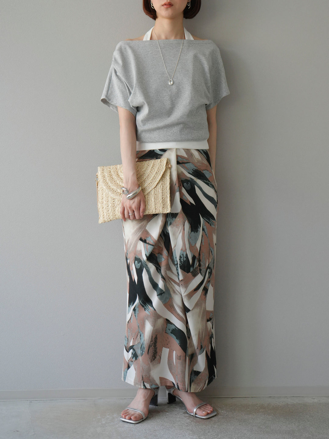 [預購] 度假風印花褶襉I字裙/綠色