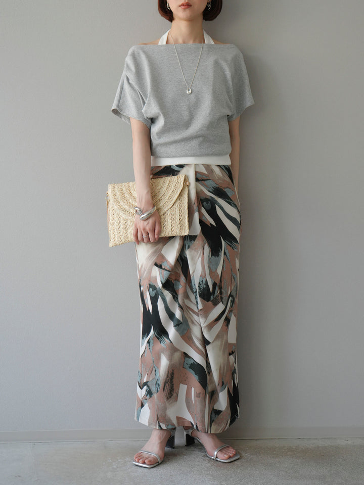 [預購] 度假風印花褶襉I字裙/綠色