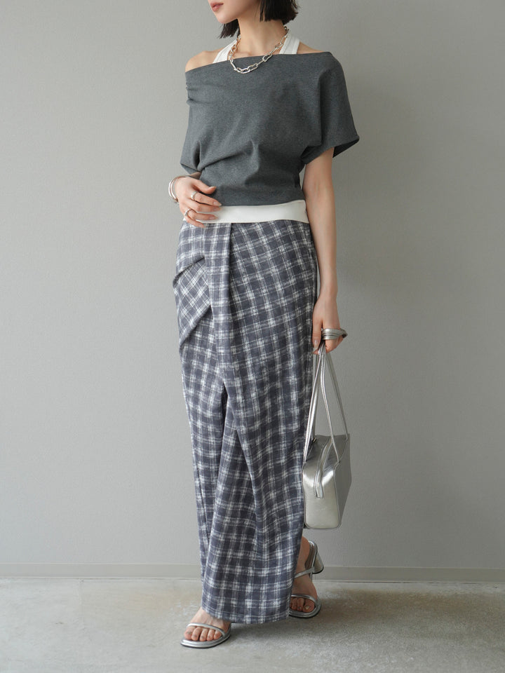 [予約]チェックプリントタックIラインスカート/グレー