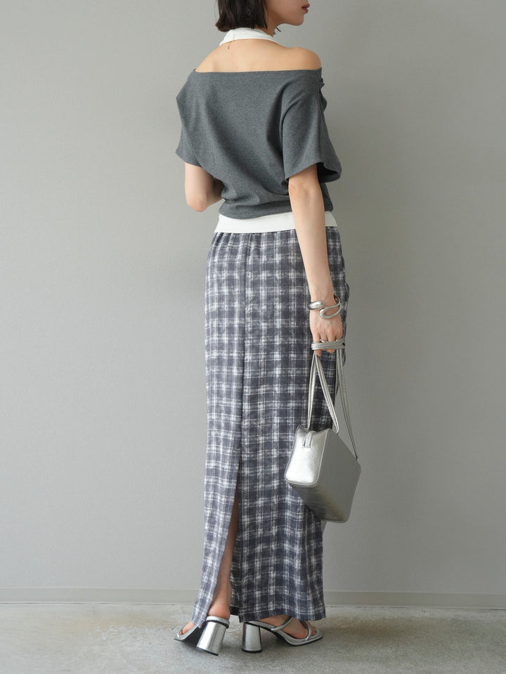 [予約]チェックプリントタックIラインスカート/グレー