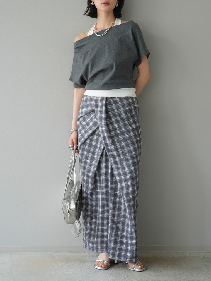 [予約]チェックプリントタックIラインスカート/グレー