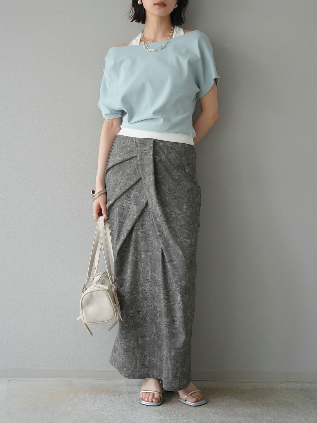 [予約]ペイズリープリントタックIラインスカート/グレー