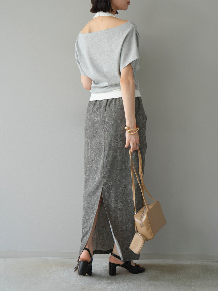 [予約]ペイズリープリントタックIラインスカート/グレー