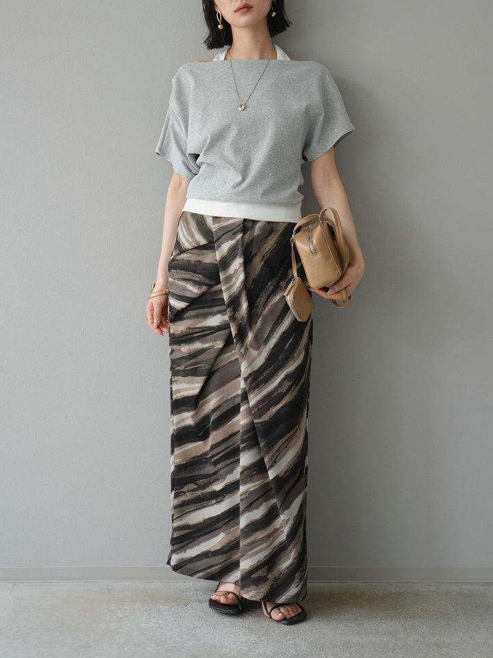 [予約]ニュアンスプリントタックIラインスカート/ブラウン