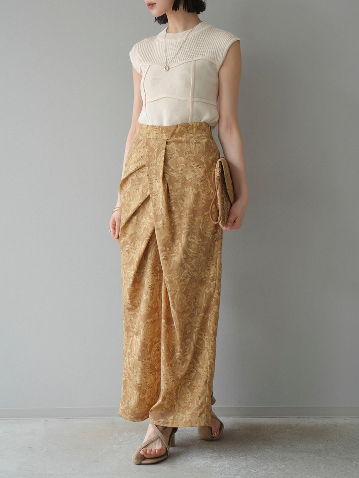 [予約]ペイズリープリントタックIラインスカート/ベージュ