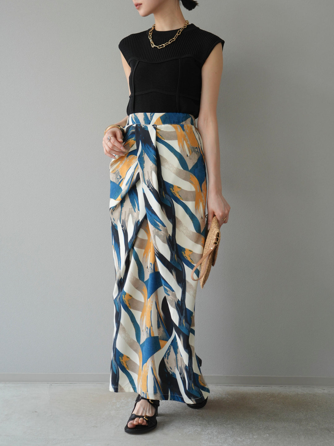 [預購] 度假風印花褶襉I字裙/藍色