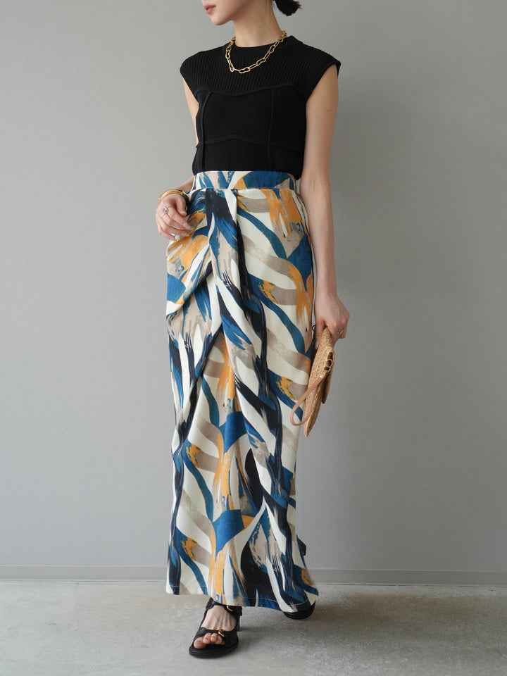 [預購] 度假風印花褶襉I字裙/藍色