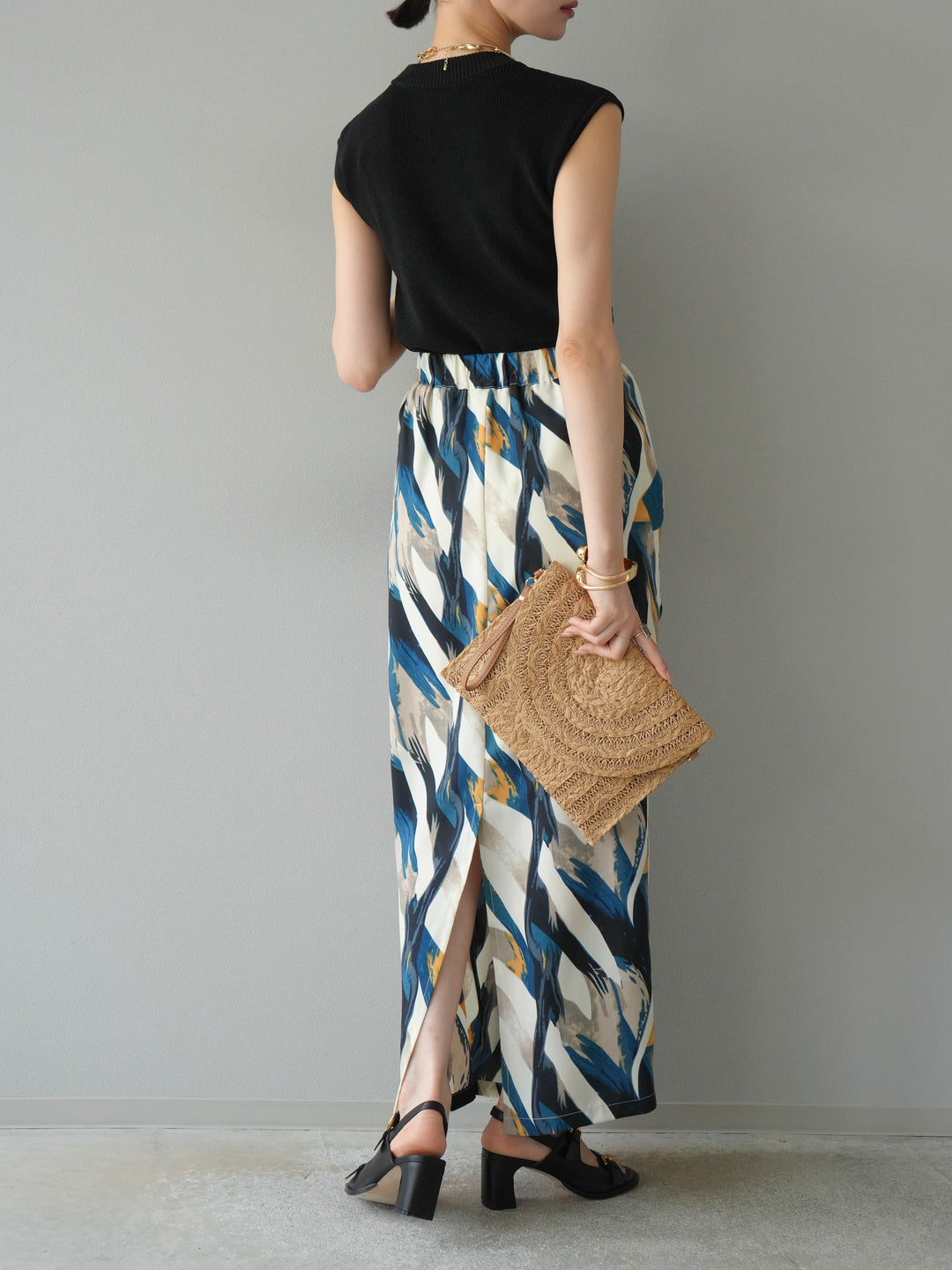 [預購] 度假風印花褶襉I字裙/藍色