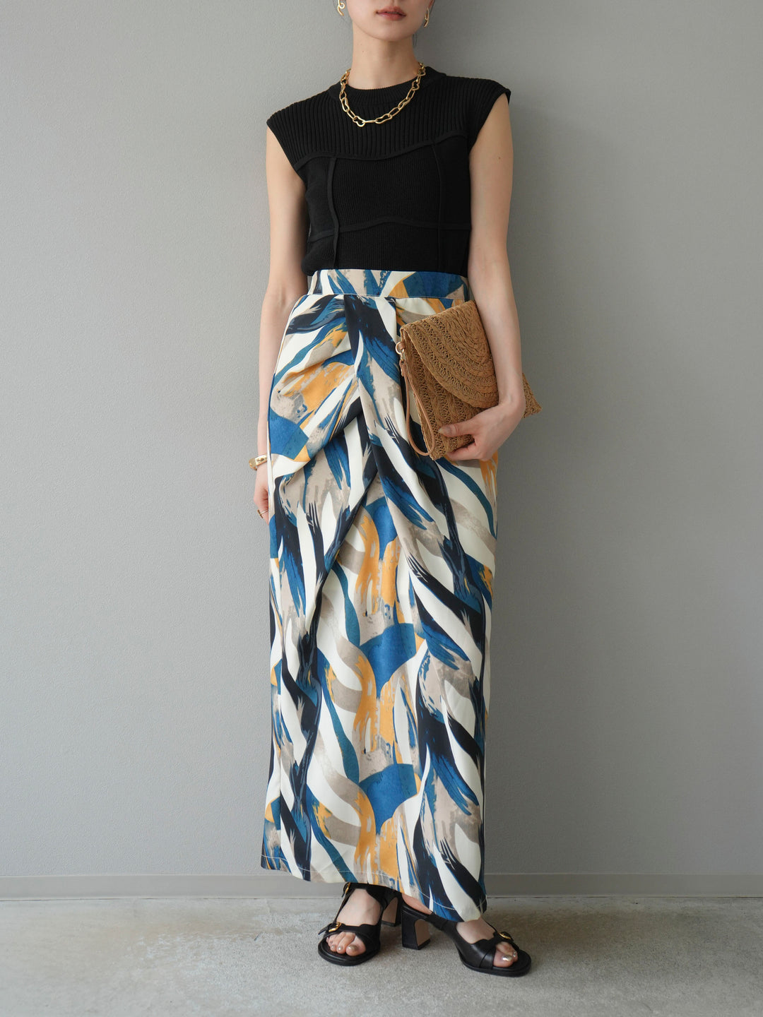 [預購] 度假風印花褶襉I字裙/藍色