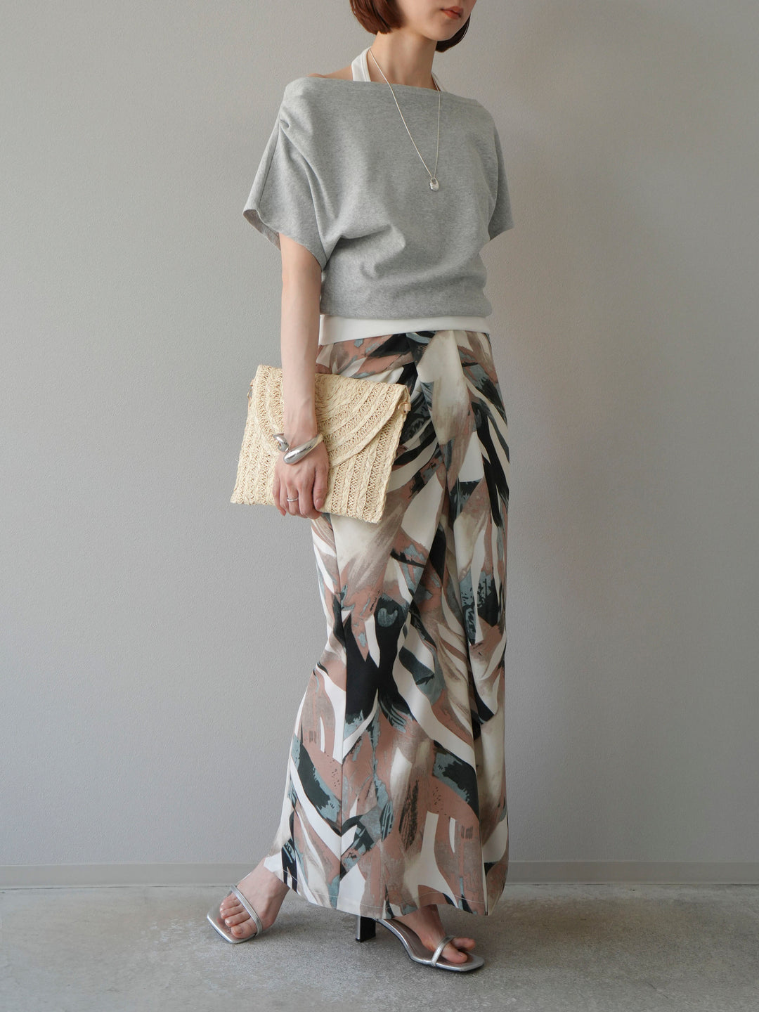 [預購] 度假風印花褶襉I字裙/綠色