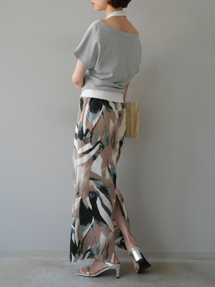 [預購] 度假風印花褶襉I字裙/綠色