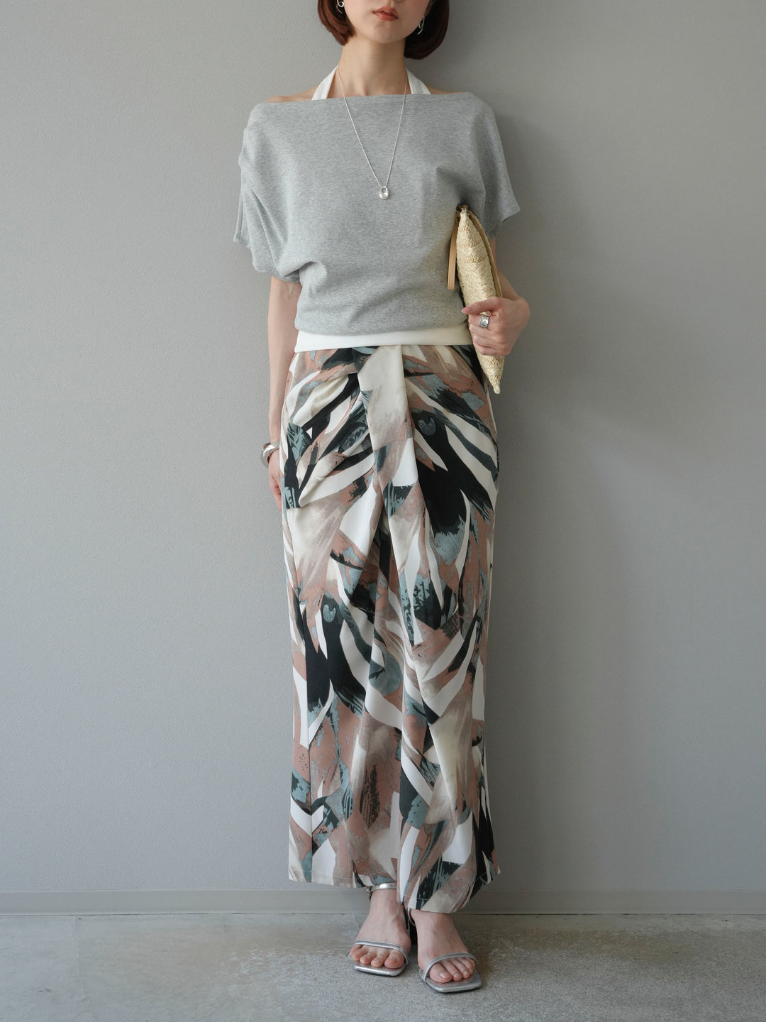 [預購] 度假風印花褶襉I字裙/綠色