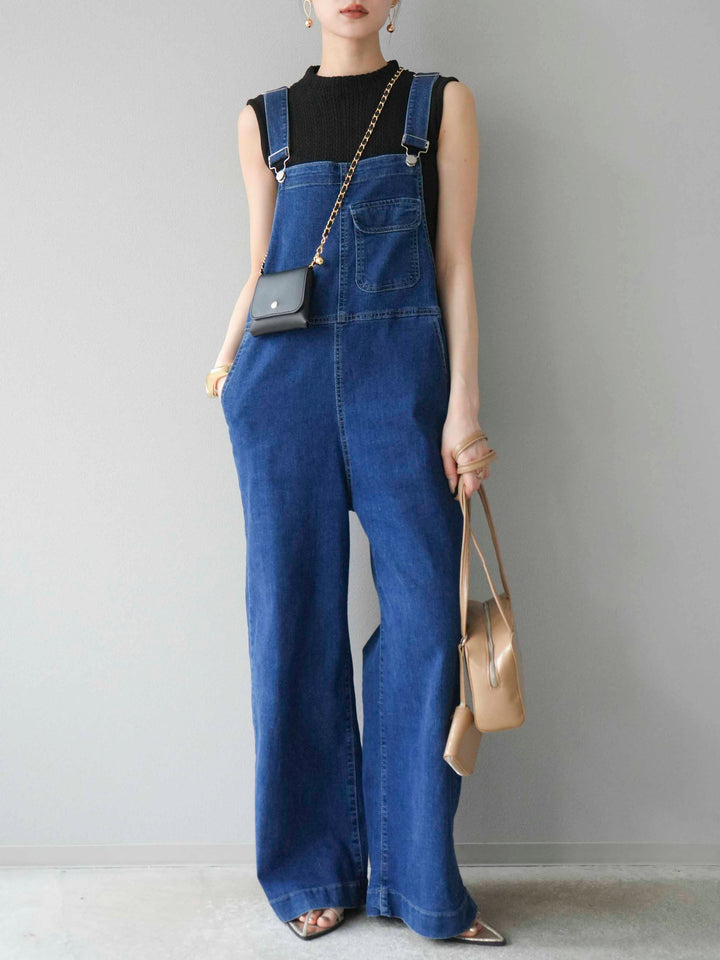 [SET]デザイン編みプチネックノースリニットトップス+ストレッチデニムワイドサロペット(2set)