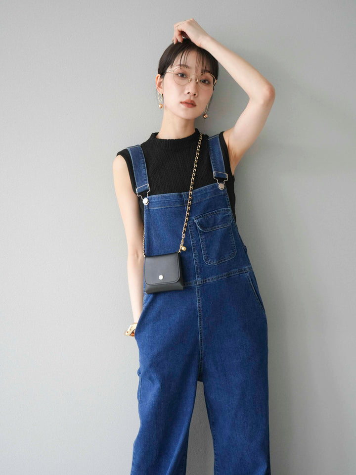 [SET]デザイン編みプチネックノースリニットトップス+ストレッチデニムワイドサロペット(2set)