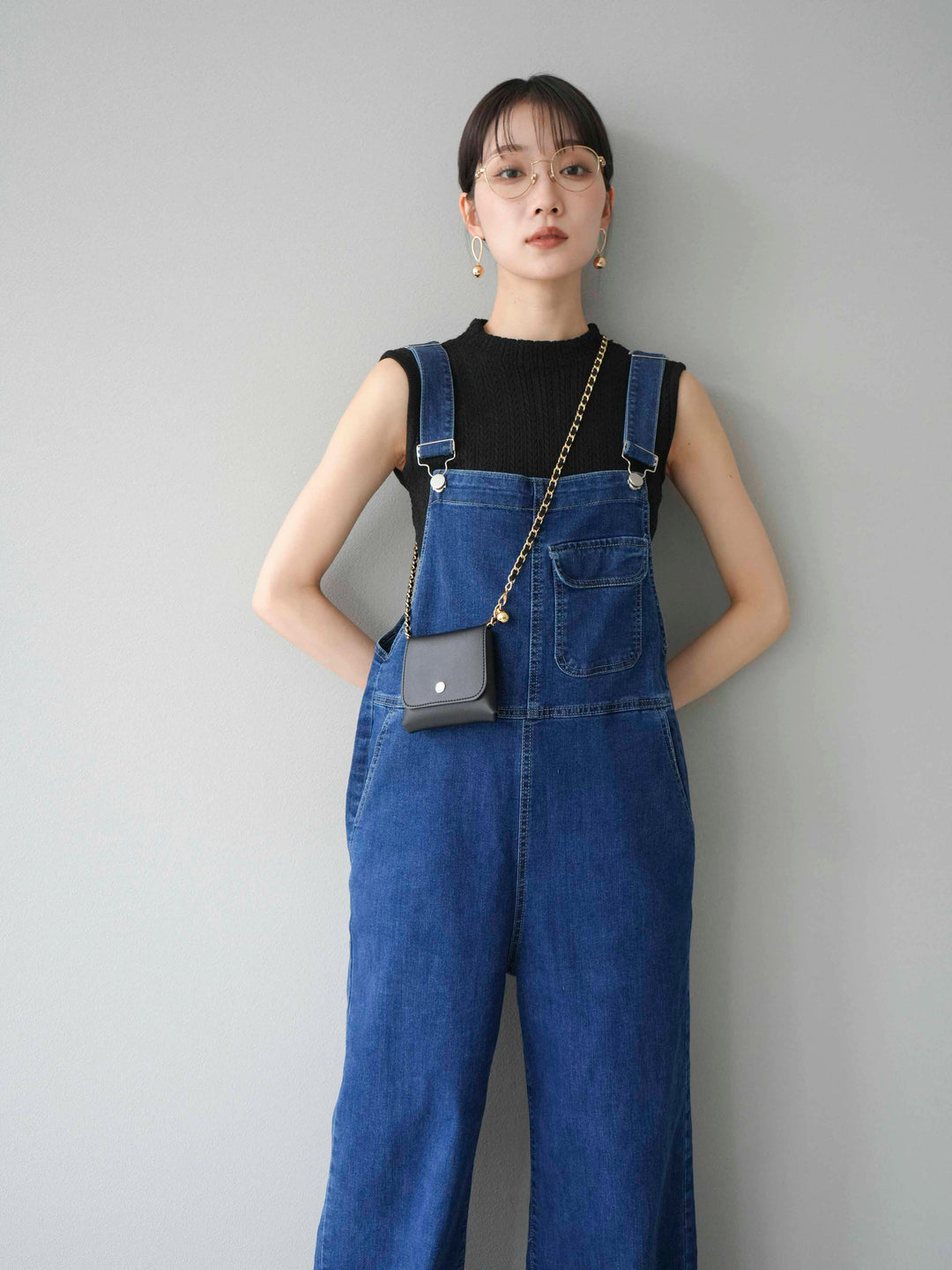 [SET]デザイン編みプチネックノースリニットトップス+ストレッチデニムワイドサロペット(2set)