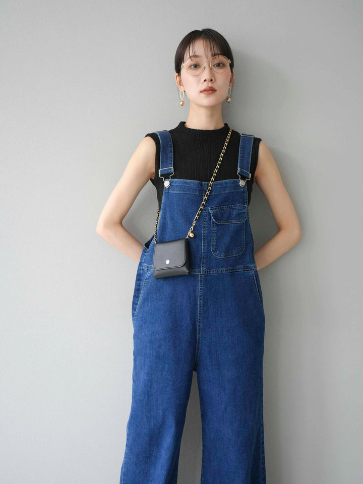 [SET]デザイン編みプチネックノースリニットトップス+ストレッチデニムワイドサロペット(2set)