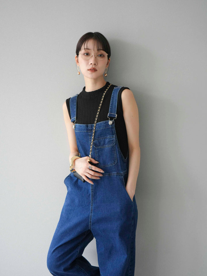 [SET]デザイン編みプチネックノースリニットトップス+ストレッチデニムワイドサロペット(2set)