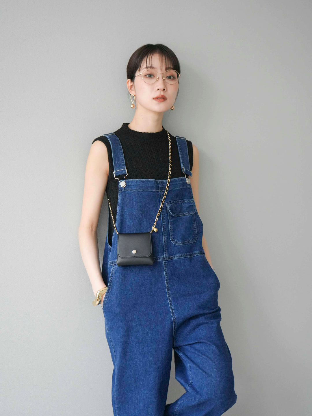 [SET]デザイン編みプチネックノースリニットトップス+ストレッチデニムワイドサロペット(2set)