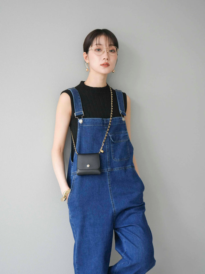 [SET]デザイン編みプチネックノースリニットトップス+ストレッチデニムワイドサロペット(2set)