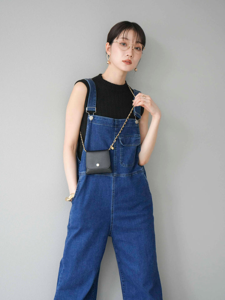 [SET]デザイン編みプチネックノースリニットトップス+ストレッチデニムワイドサロペット(2set)