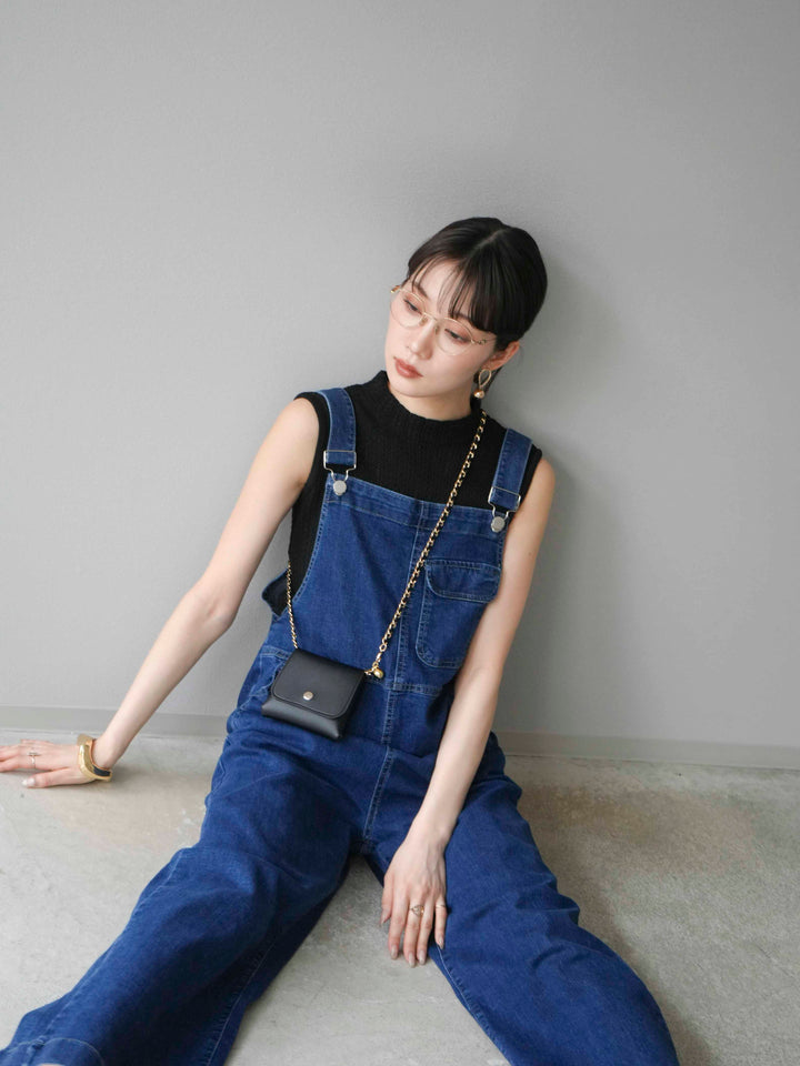 [SET]デザイン編みプチネックノースリニットトップス+ストレッチデニムワイドサロペット(2set)