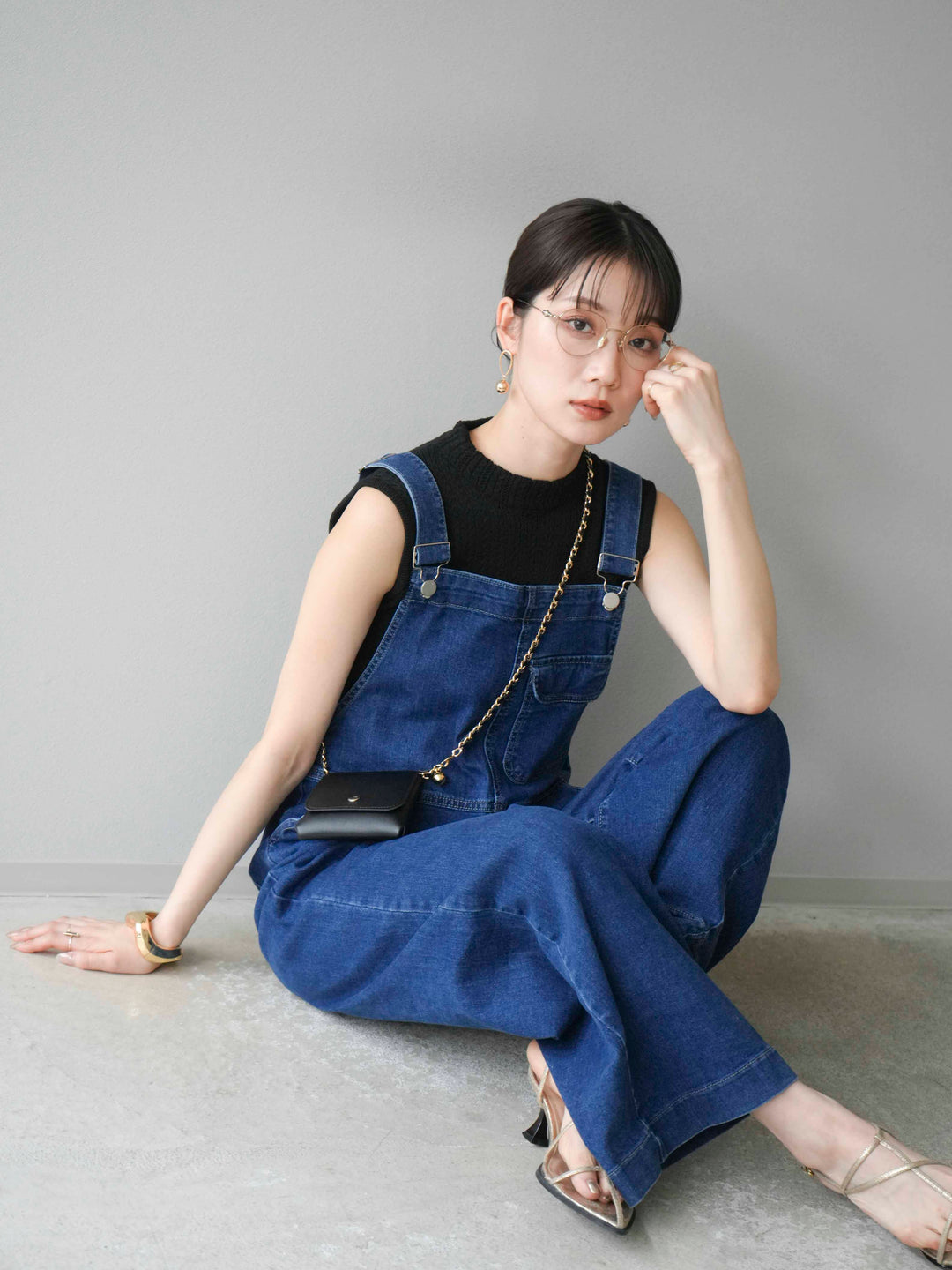 [SET]デザイン編みプチネックノースリニットトップス+ストレッチデニムワイドサロペット(2set)