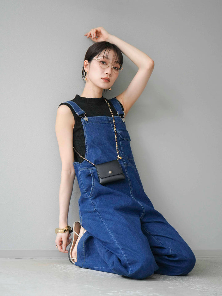 [SET]デザイン編みプチネックノースリニットトップス+ストレッチデニムワイドサロペット(2set)