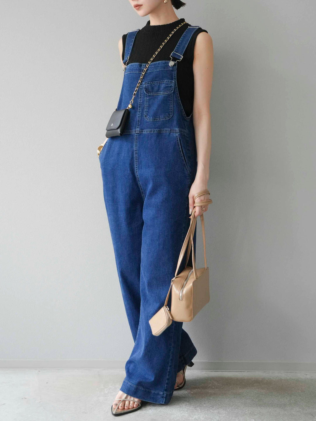 [SET]デザイン編みプチネックノースリニットトップス+ストレッチデニムワイドサロペット(2set)