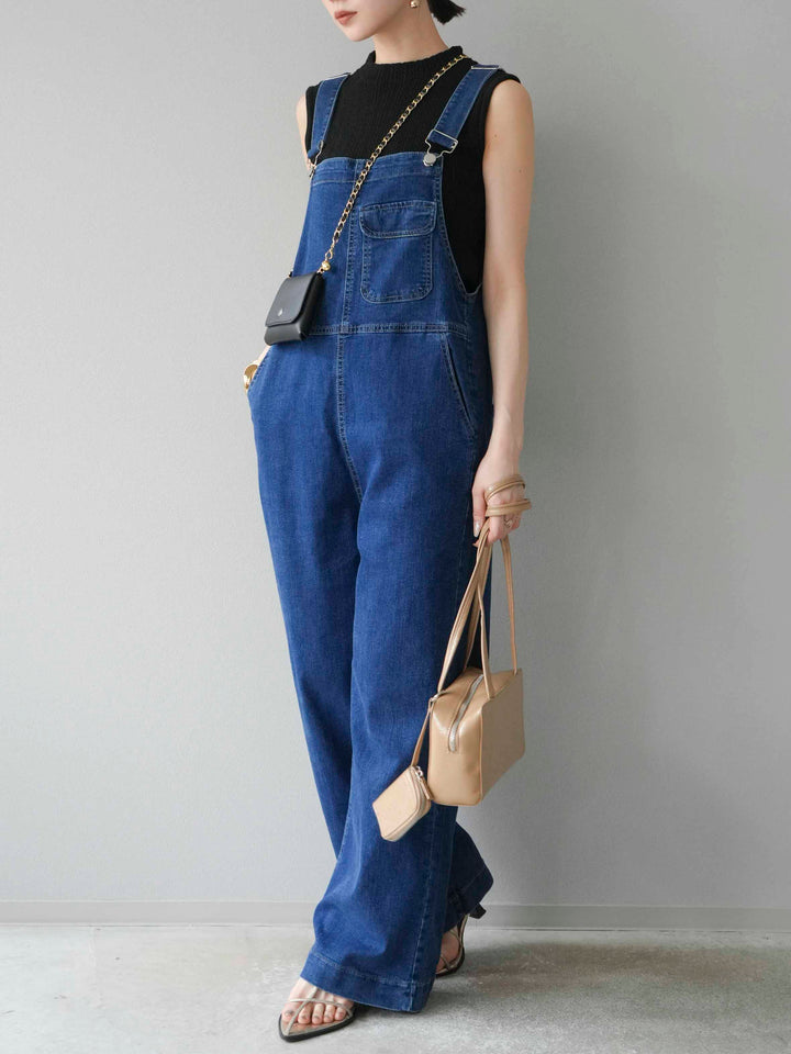 [SET]デザイン編みプチネックノースリニットトップス+ストレッチデニムワイドサロペット(2set)