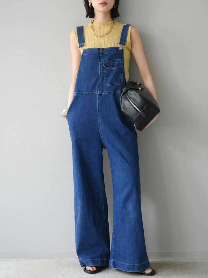 [SET]デザイン編みプチネックノースリニットトップス+ストレッチデニムワイドサロペット(2set)