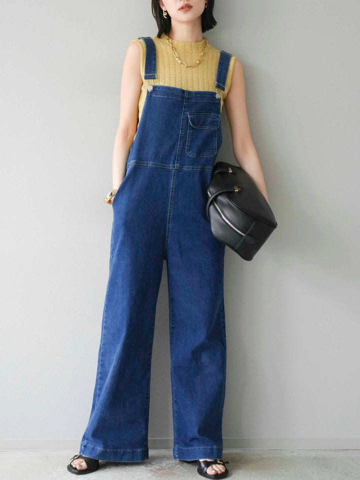 [SET]デザイン編みプチネックノースリニットトップス+ストレッチデニムワイドサロペット(2set)