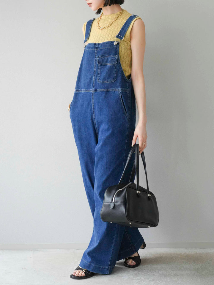 [SET]デザイン編みプチネックノースリニットトップス+ストレッチデニムワイドサロペット(2set)